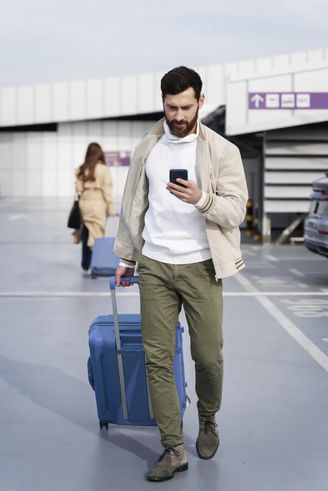 Traveler planning European journey with mobile app